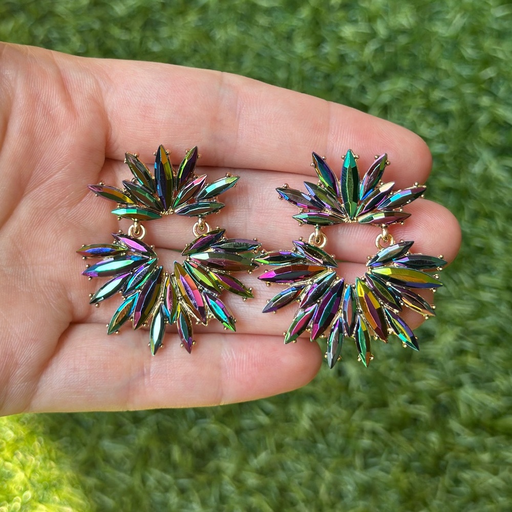 Rainbow Crystal Statement Earrings Large Sunburst… - image 2